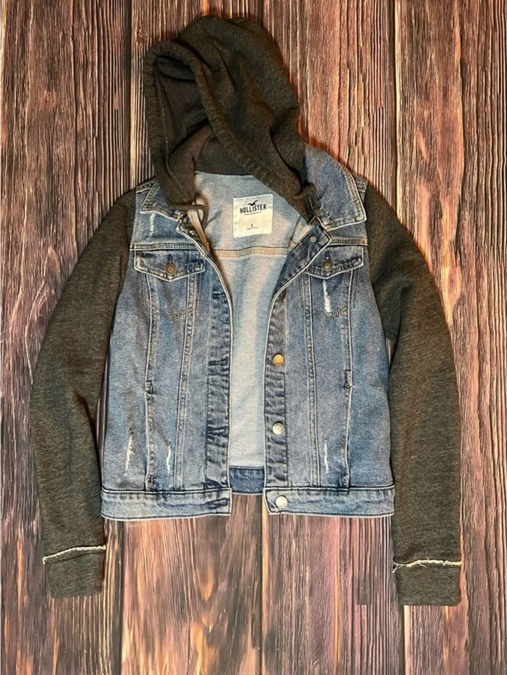 Hollister Denim Jacket with Dark Gray Hoodie Sleeves